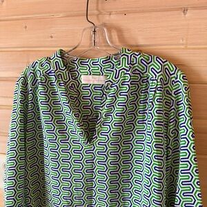 Amanda Uprichard Green Blue Geometric 100% Silk Tunic Dress Size M EUC